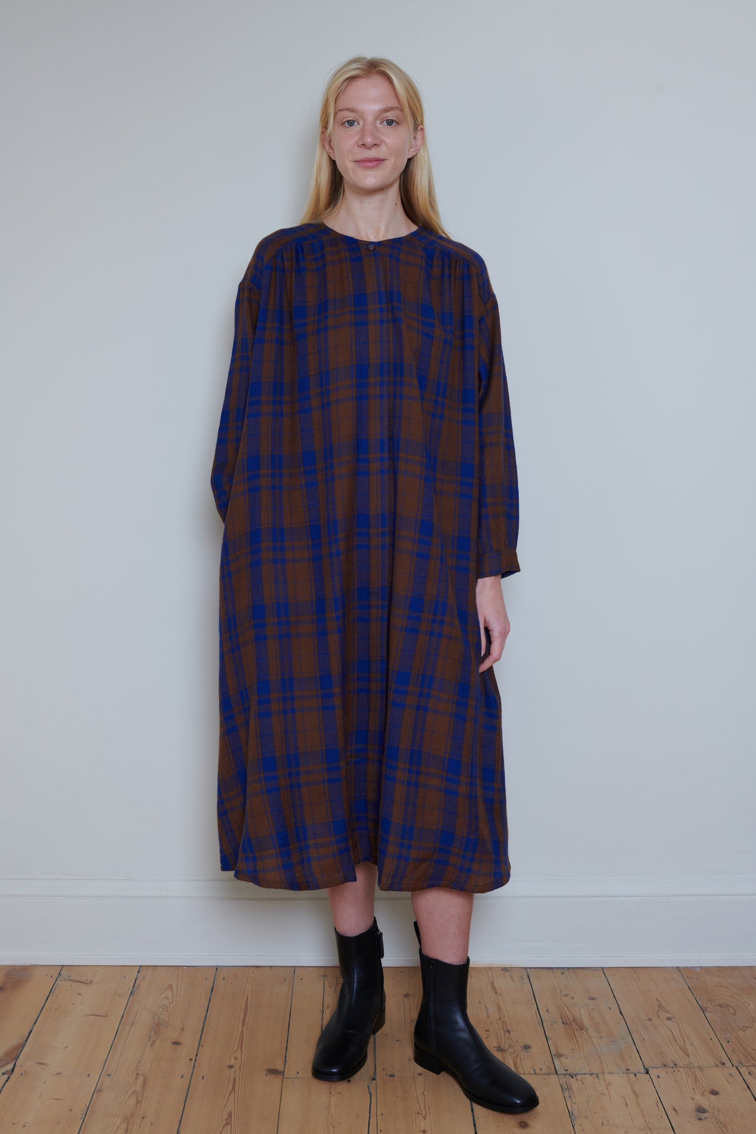 Runaway Bicycle Marino Wool Check Dress - Blue/Brown