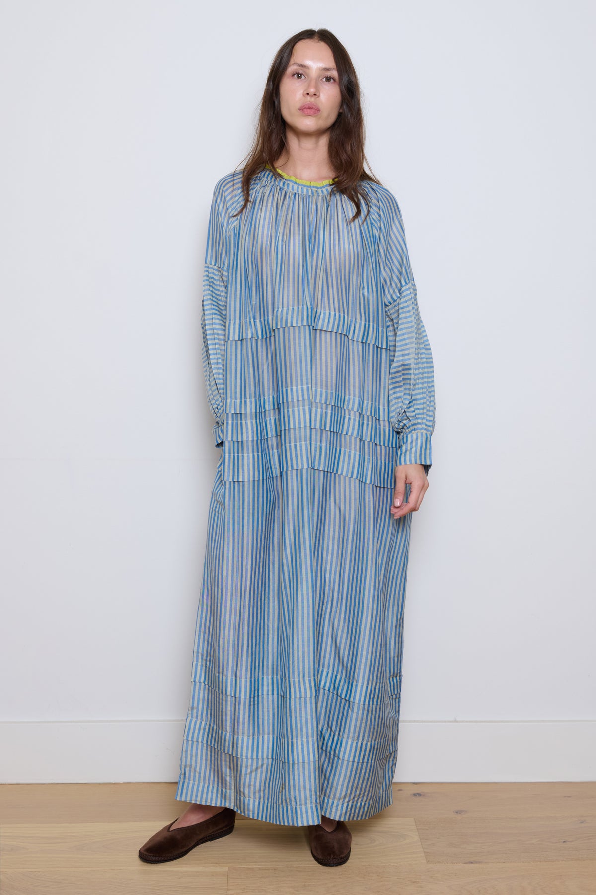 Runaway Bicycle | Alva Silk Pleated Dress- Blue Stripe