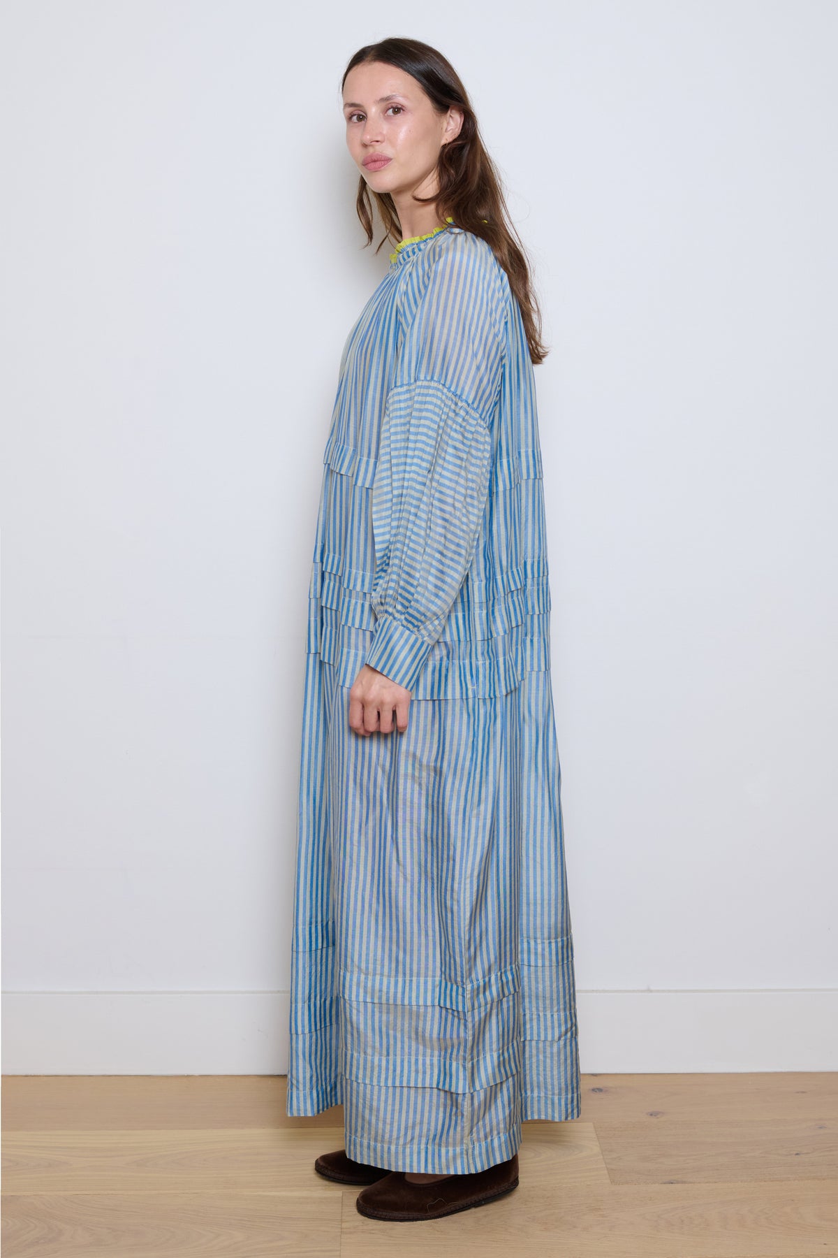 Runaway Bicycle | Alva Silk Pleated Dress- Blue Stripe