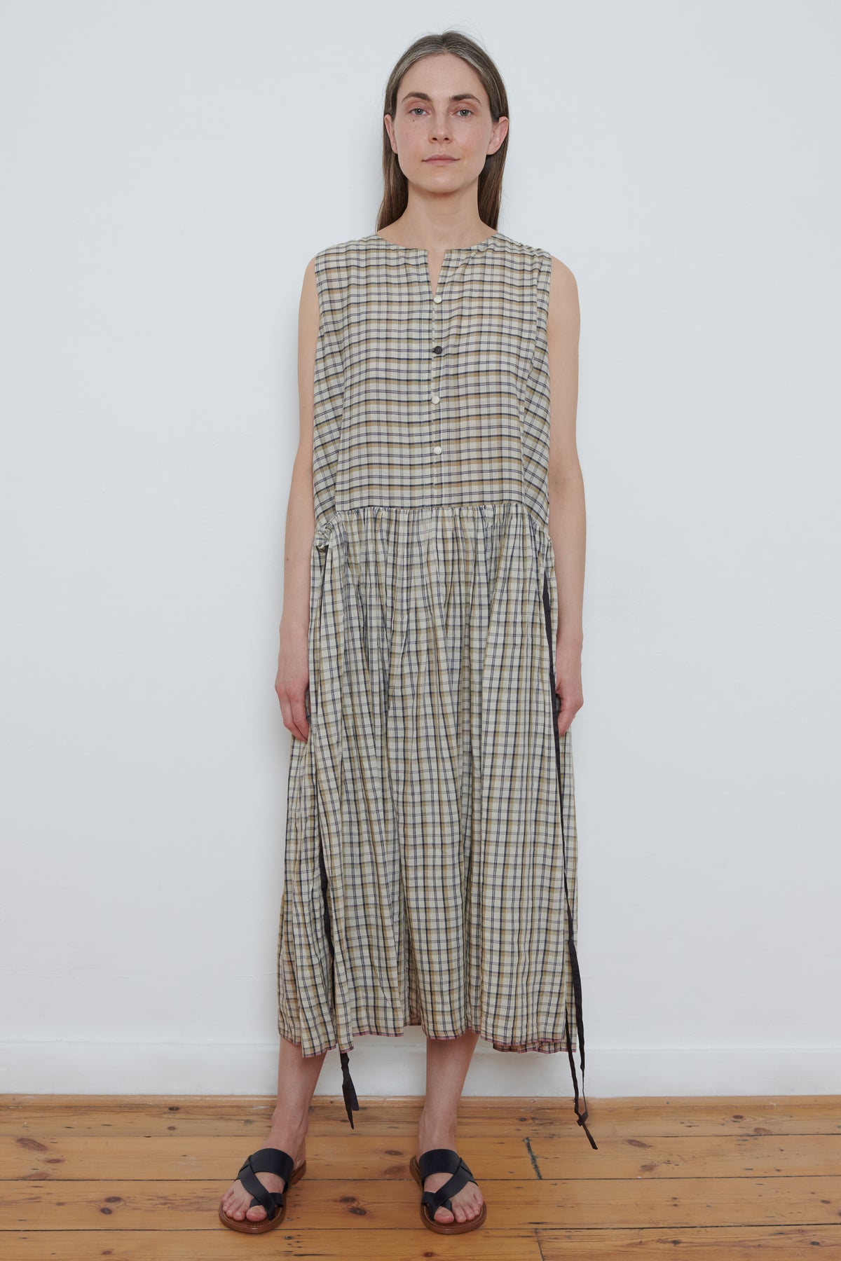 Runaway Bicycle | Poppy Dress - Beige Charcoal Check