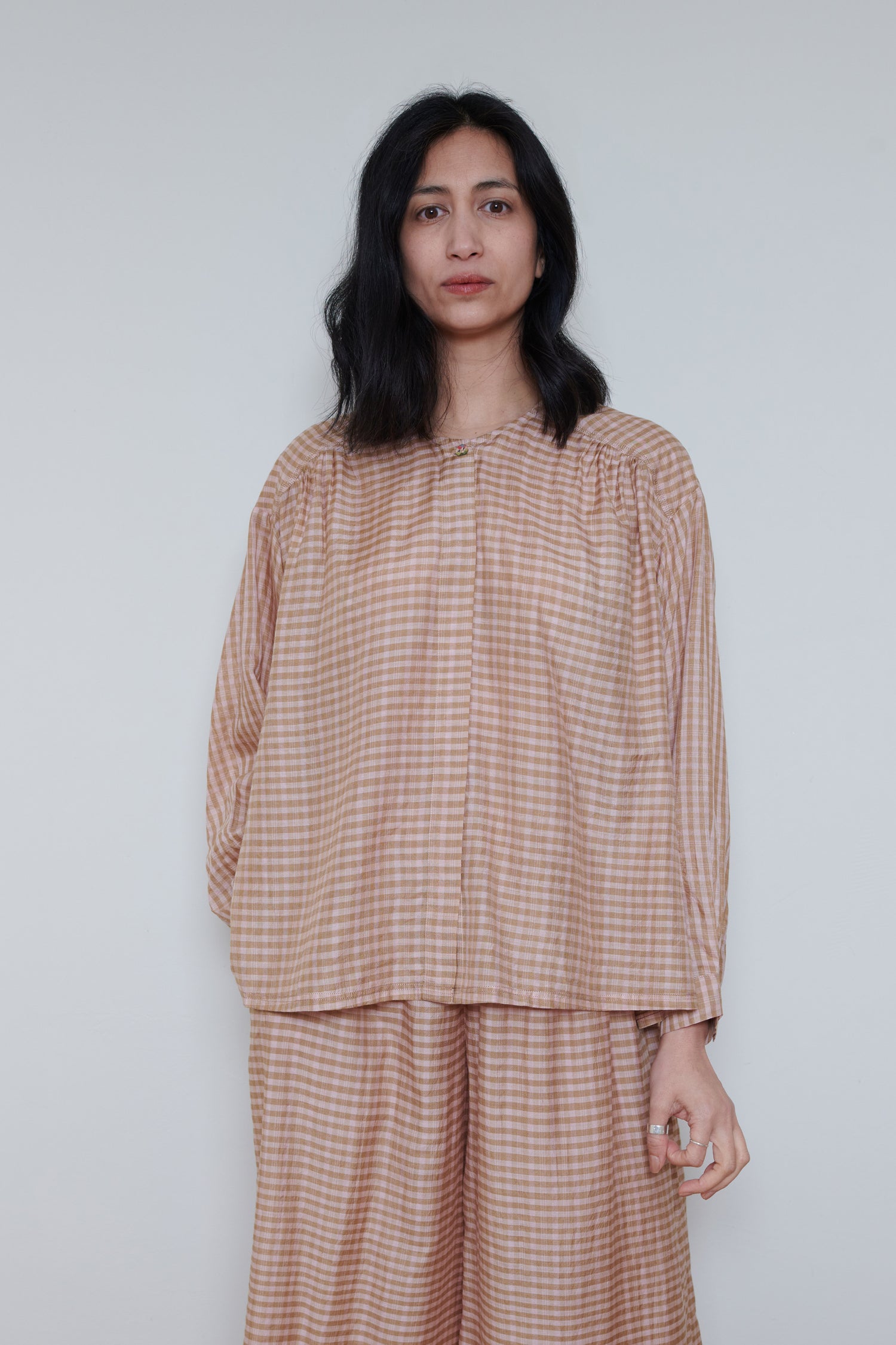 Runaway Bicycle | Front Placket Blouse - Peach Check