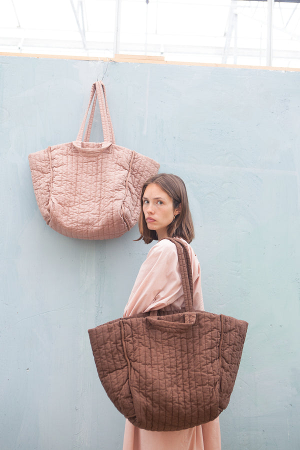 The Regular Quilted Tote - Brown/ Pink